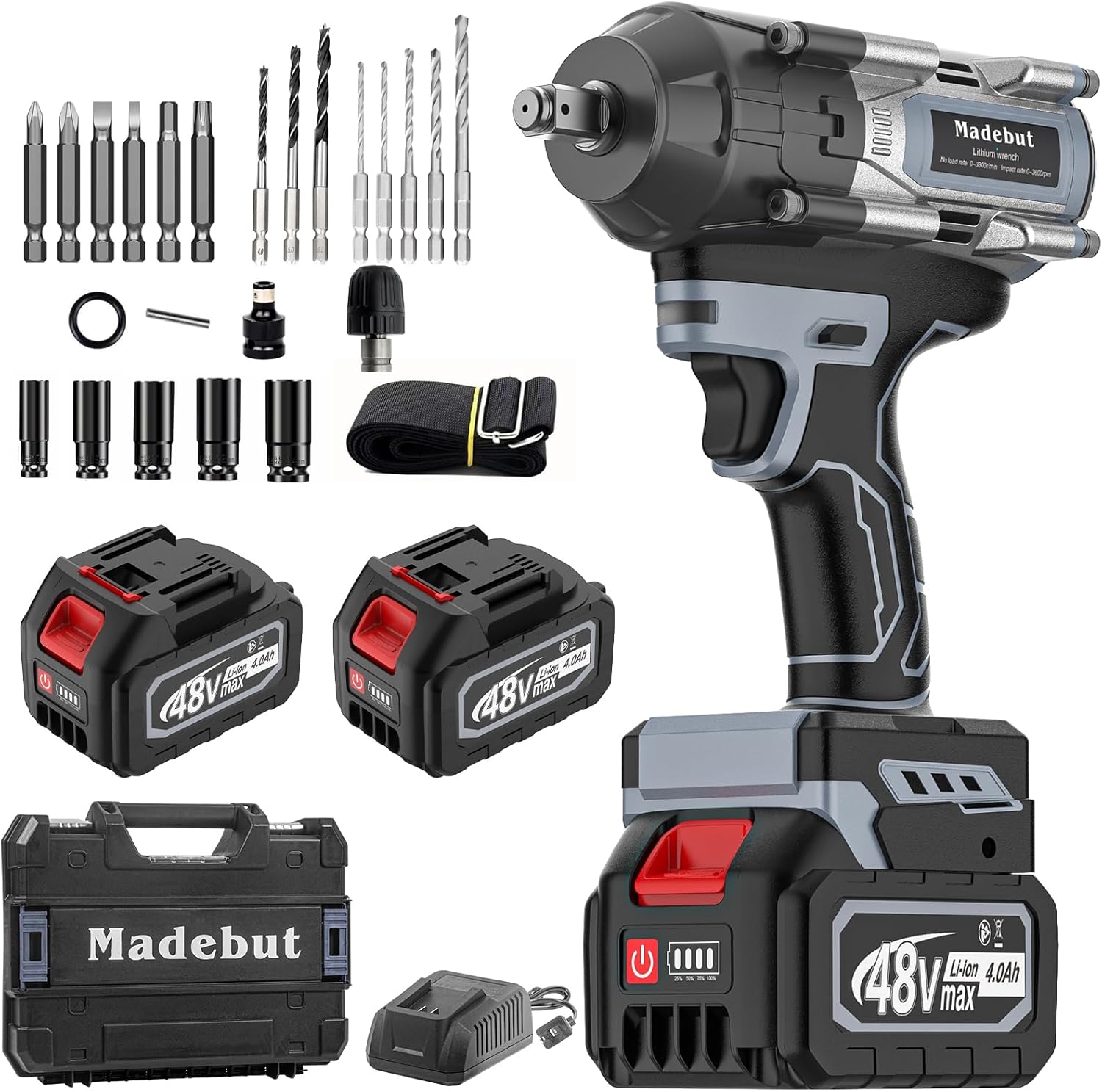 Cordless Impact Wrench, 3-Speed Cordless Impact Gun with 2pcs 4.0Mah Electric Impact Wrenches, 1000N.m (740ft) with 5 Sleeves, 1/2 High Torque Impact Wrench, Wrenches