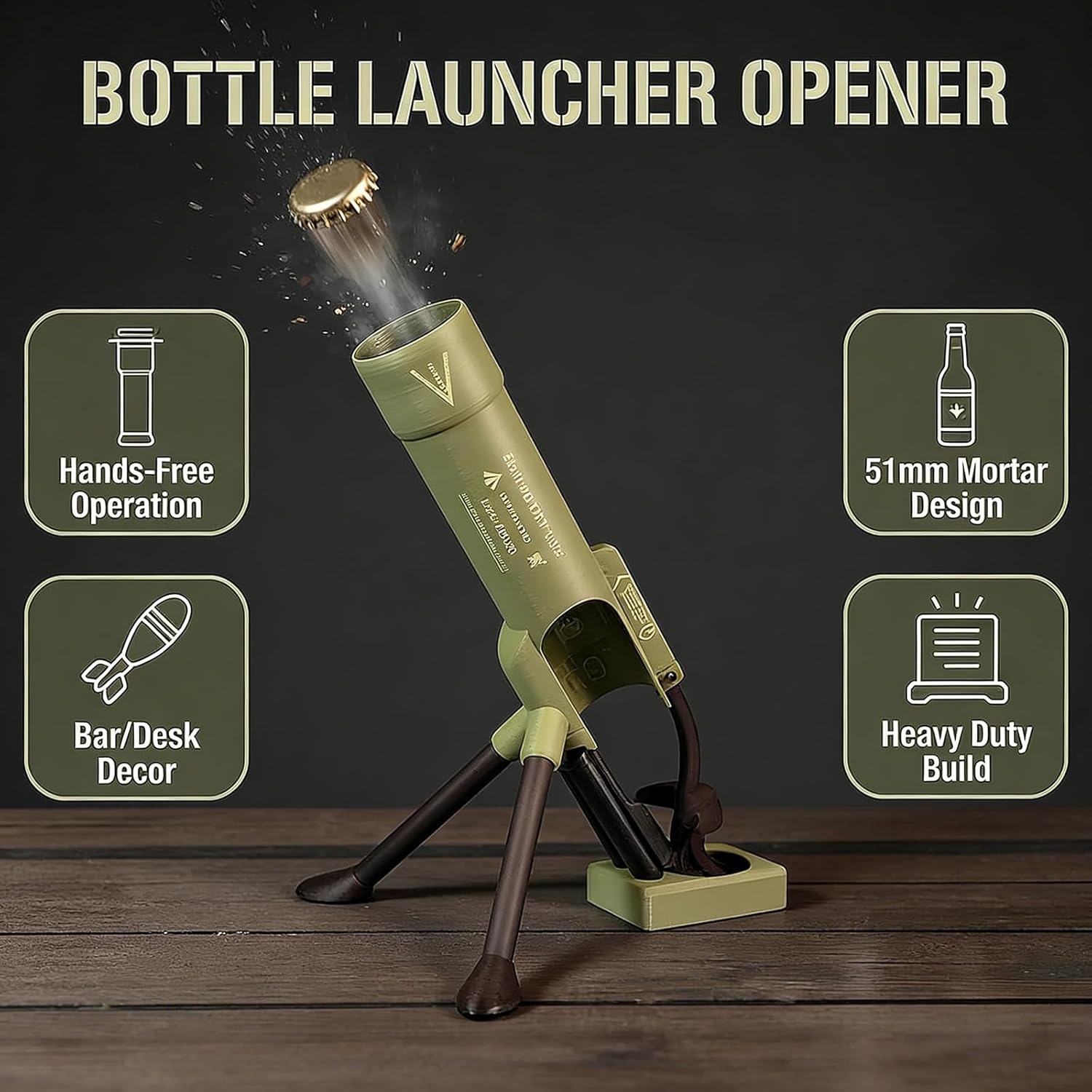 Beer Bottle Mortar Bottle Opener, 51mm Mortar Beer Bottle Opener Heavy-Duty Tactical Cap Launcher Hands-Free Push Down Opener Men's Exclusive Space for Home Bar Desk Decor