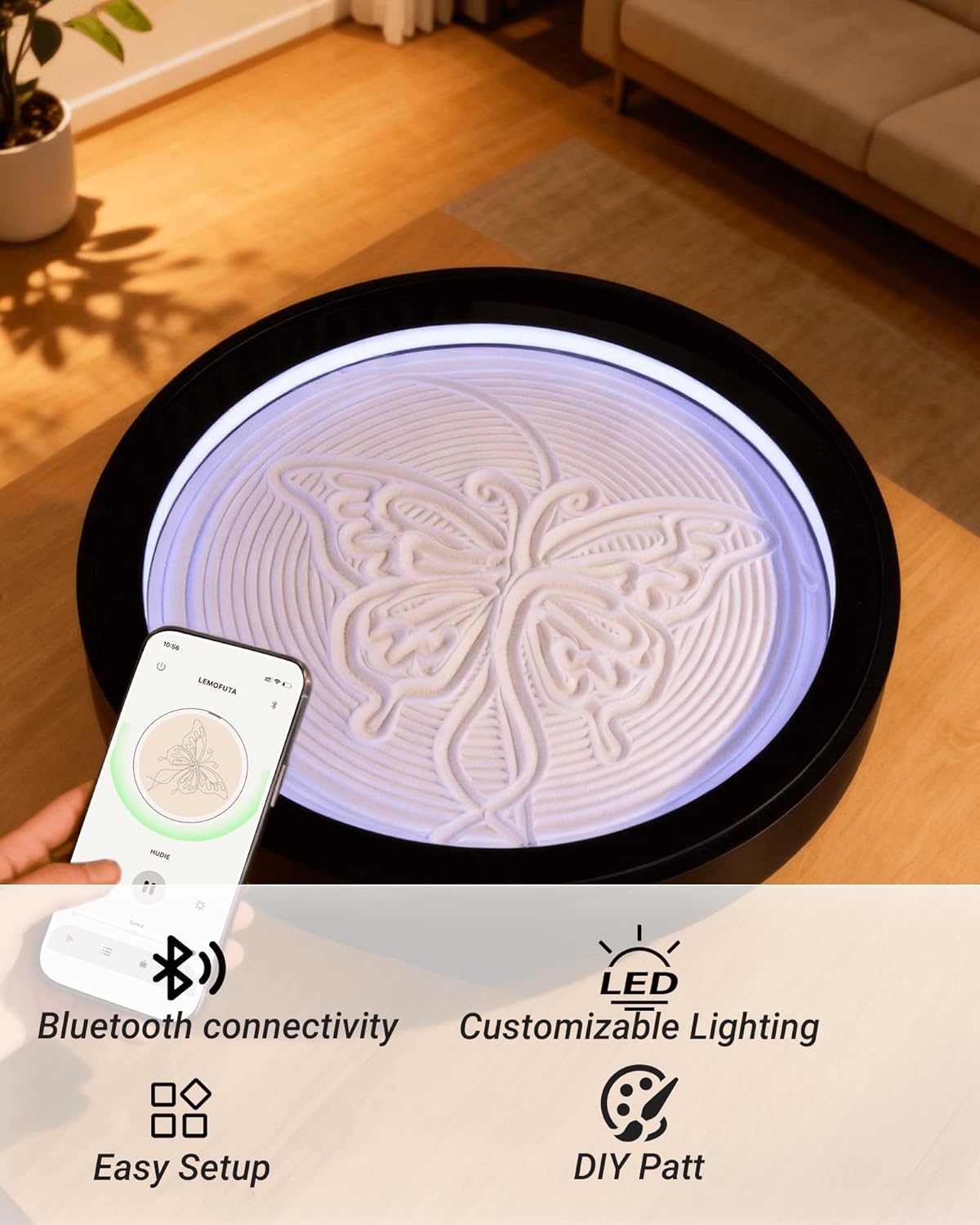 20" Automatic Zen Drift Sandscape – App-Controlled Sand Drawing Table with DIY Pattern Design, LED Ambient Light & Moving Sand Display for Creative Home Decor
