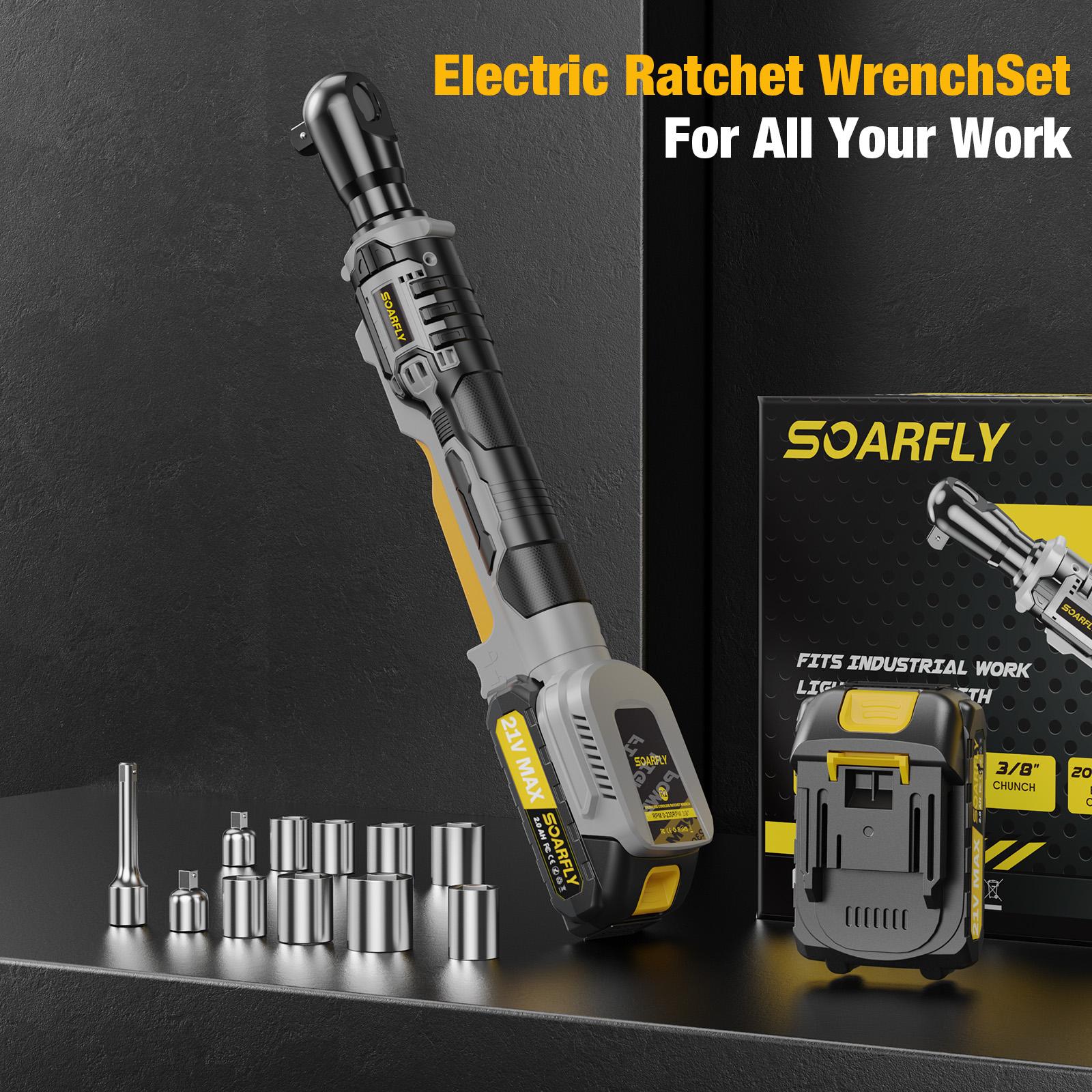 【Father's Day Gift】SOARFLY 3/8" Electric Ratchet, 250RPM, 2 x 21V Batteries, With Variable Speed, 8 Sockets, 1/4" and 1/2" Adapter, 3" Extension Bar 【Father's Day Gift】SOARFLY 3/8" Electric Ratchet, 250RPM, 2 x 21V Batteries, With Variable Speed, 8 Sockets, 1/4" and 1/2" Adapter, 3" Extension Bar
