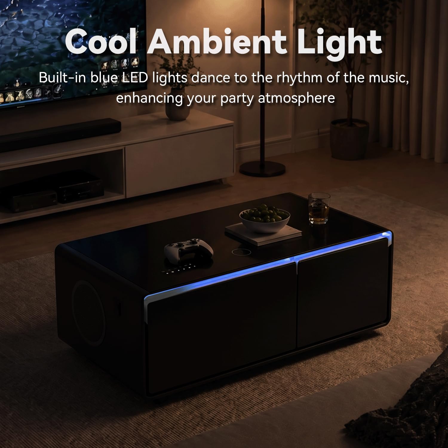 Smart Coffee Table, Living Room Table with Built in Fridge, 23" D x 41.5" W x 18.2" H, 15W Wireless Charging, USB Chargers and Speakers