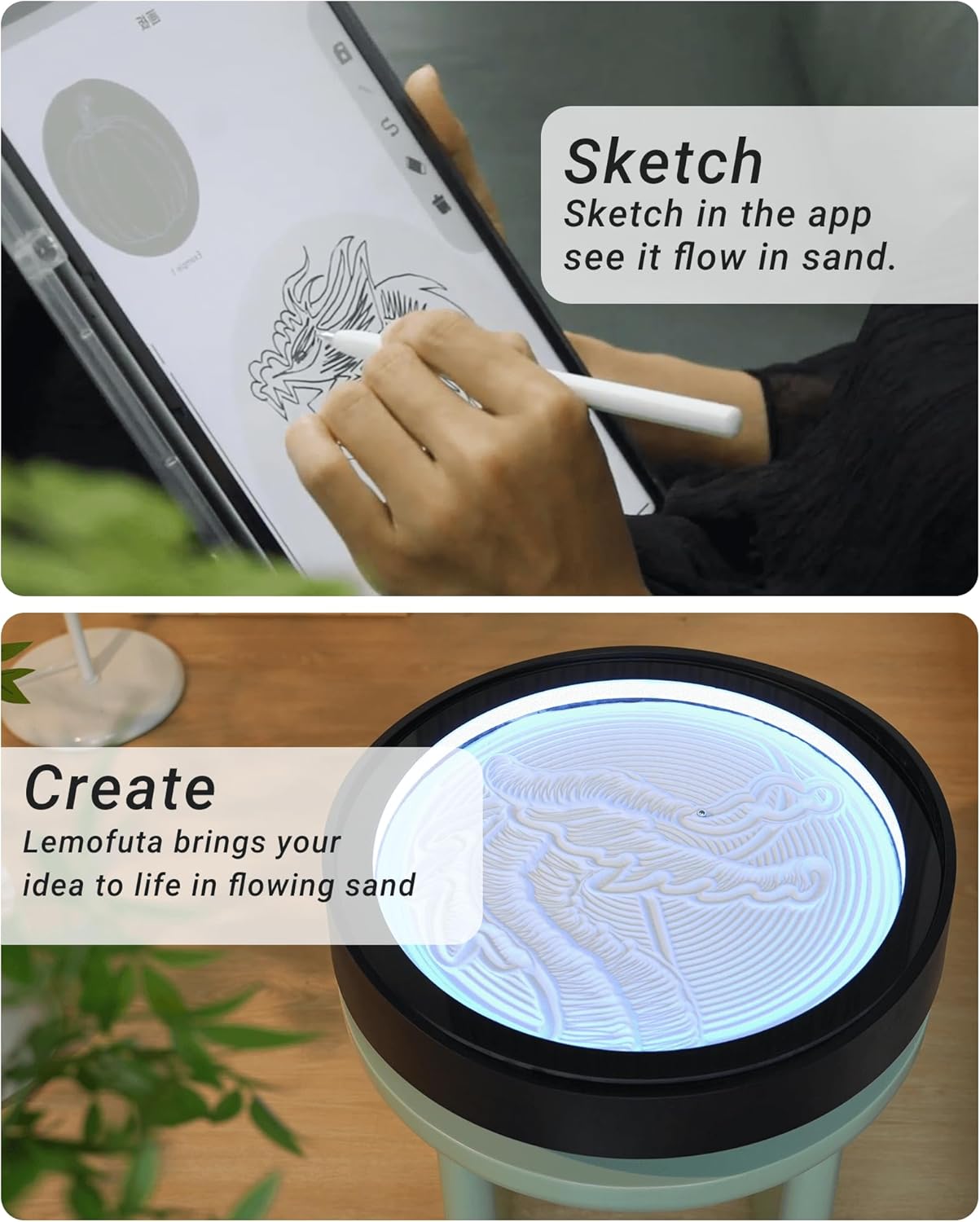 20" Automatic Zen Drift Sandscape – App-Controlled Sand Drawing Table with DIY Pattern Design, LED Ambient Light & Moving Sand Display for Creative Home Decor