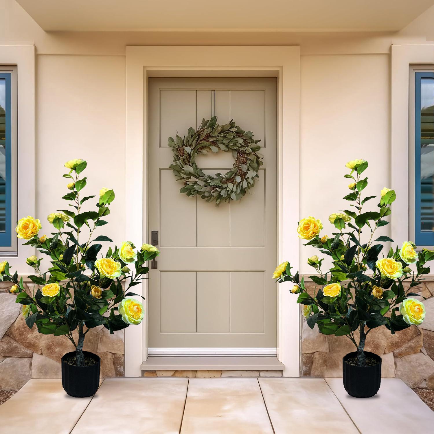 2 Pcs 3-foot Camellia Tree with Decorative Pebbles, Flower Pot, 24 Realistic Flowers, 188 Leaves for Indoor, outdoor courtyard Home Decor summerwins