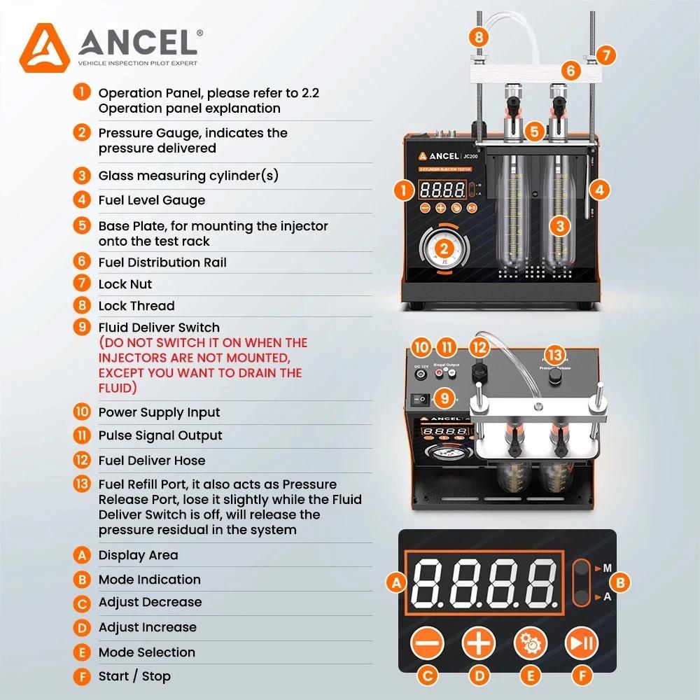 ANCEL JC200 2-Cylinder Fuel Injector Tester & Flow Cleaner Removes Light Surface Deposits During Testing, Adjustable Pressure, Built-in 12V Pump for Cars & Motorcycles