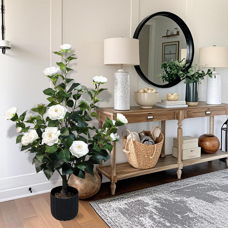 2 Pcs 3-foot Camellia Tree with Decorative Pebbles, Flower Pot, 24 Realistic Flowers, 188 Leaves for Indoor, outdoor courtyard Home Decor summerwins