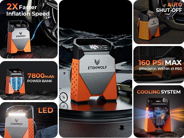 ETENWOLF 160PSI Car Air Pump & Tire Compressor, Portable Cordless Pump with Auto Stop, 7800mAh Battery for Flat Tires, SUVs, Bikes – ZEPHYR S3 (Vivid Orange) Emergency Air Pump outdoorfun ETENWOLF 160PSI Car Air Pump & Tire Compressor, Portable Cordless Pump with Auto Stop, 7800mAh Battery for Flat Tires, SUVs, Bikes – ZEPHYR S3 (Vivid Orange) Emergency Air Pump outdoorfun