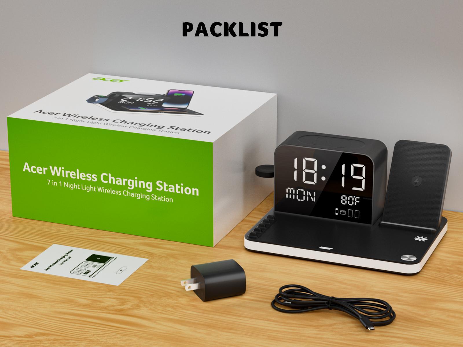 Acer 7 in 1 Wireless Charging Station with Fast Wireless Charger, LED Night Light, Bluetooth Time Sync Clock & Temperature Display, USB-A & USB-C, Magnetic MagSafe &ndash; for iPhone, Android Phone, Apple Watch & AirPods, Gift