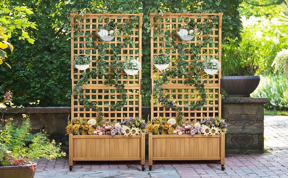 Yaheetech 75/50" H Horticulture Garden Planter with Trellis for Vine Climbing Plants Garden Box Outdoor w/Drainage Holes Raised Garden Bed Garden Planter Box for Flowers