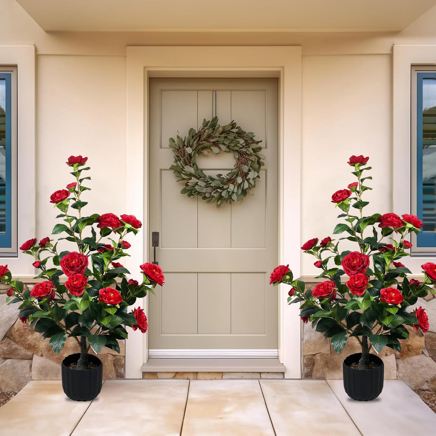 2 Pcs 3-foot Camellia Tree with Decorative Pebbles, Flower Pot, 24 Realistic Flowers, 188 Leaves for Indoor, outdoor courtyard Home Decor summerwins