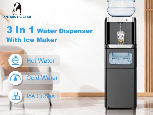 Summervibes[Limited Stock] Antarctic Star 3-in-1 Hot and Cold Water Cooler Chiller System Dispenser with Built-in Ice Maker, for 3 to 5 Gallon Bottle Water Dispenser，with Child Safety Lock，Black