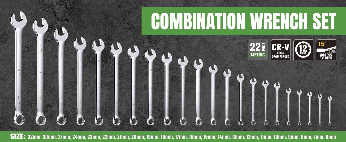 #Summervibes SK Combination Wrench Set, Metric 6 to 32mm, 22-Count, SuperKrome Finish, Premium CR-V Construction, with Rolling Pouch