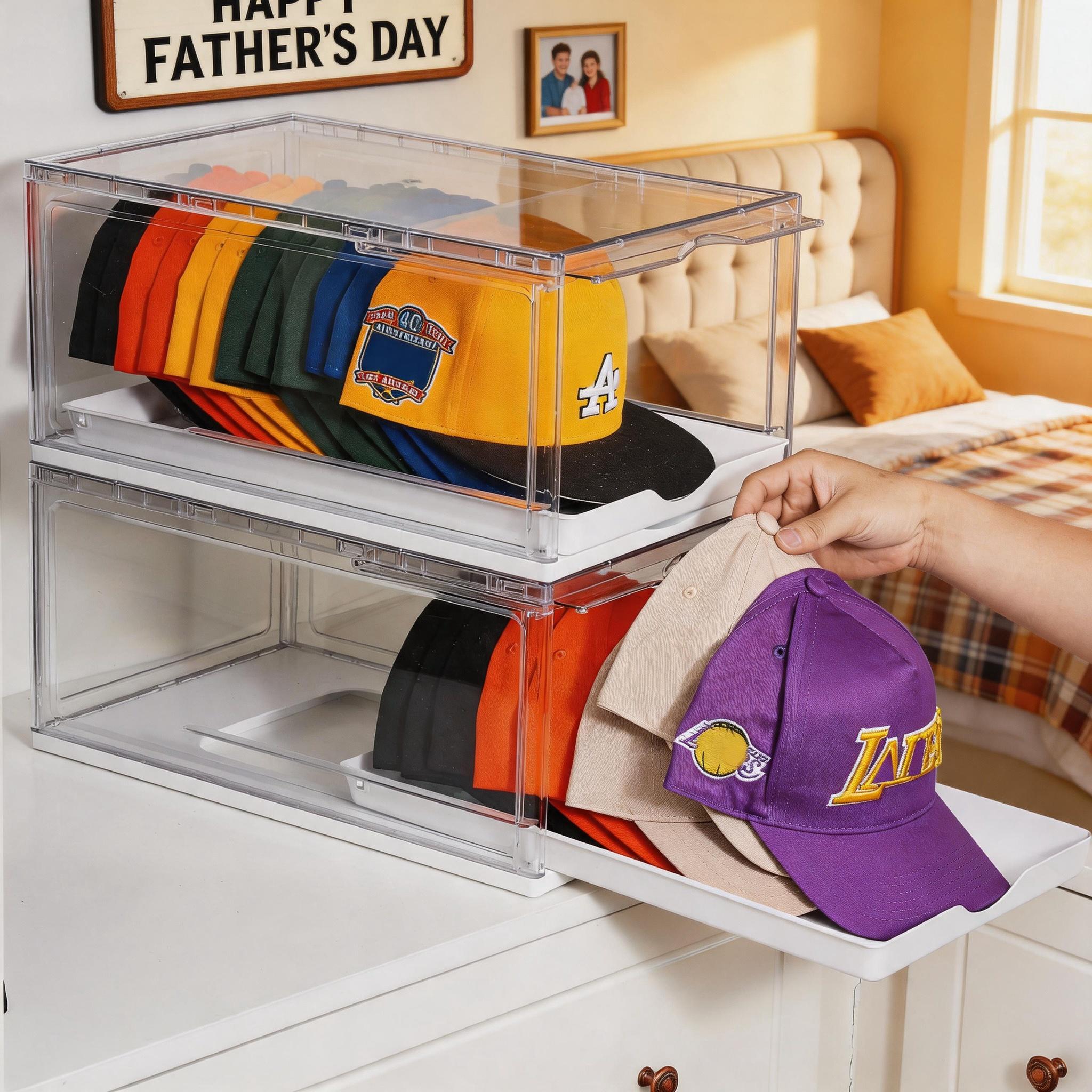 【DealsForYouDays】Vtopmart 2-4 Pack Hat Organizer for Baseball Caps, Clear Hats Holder Box with Drawer, Large Cap Storage with Sliding Tray, Transparent Stackable Rack Display Case with Magnetic Door, Each Holds 12 Hats, summerwins,deals for you