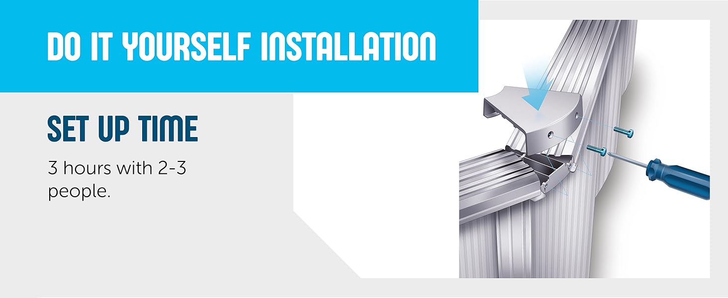 An instructional image showing the assembly of the pool wall with screws and a screwdriver.