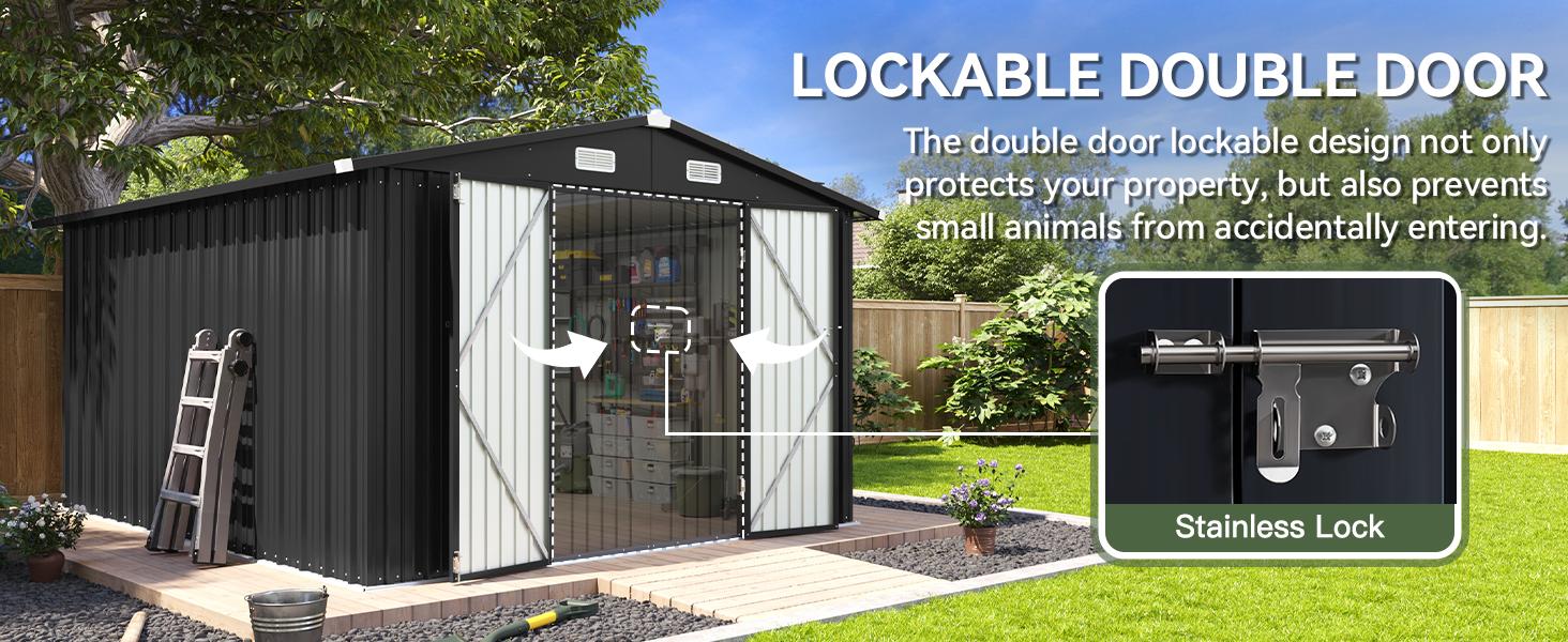Aoxun Outdoor Storage Shed Metal Garden Tool Shed with Sloping Roof Lockable Door for Patio Lawn Backyard Black Organizer for Garden Tools & Shelf Organization