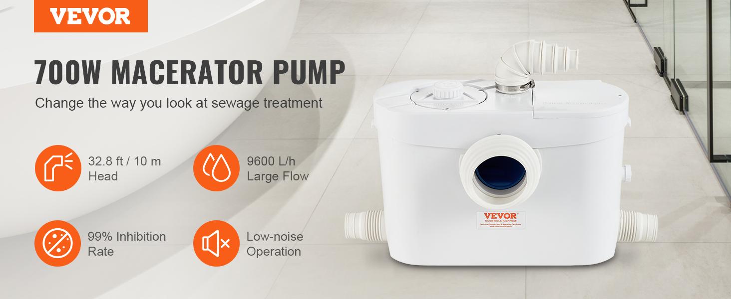fathersdaygift  VEVOR Macerator Pump, 700W, 9600 L/h Flow, 32.8 ft/10 m Head, Macerator Sewerage Sump Pump with 3 Water Inlets for Toilet, Basement, Kitchen, Sink, Shower, Bathtub Waste Water Disposal Upflush Machine