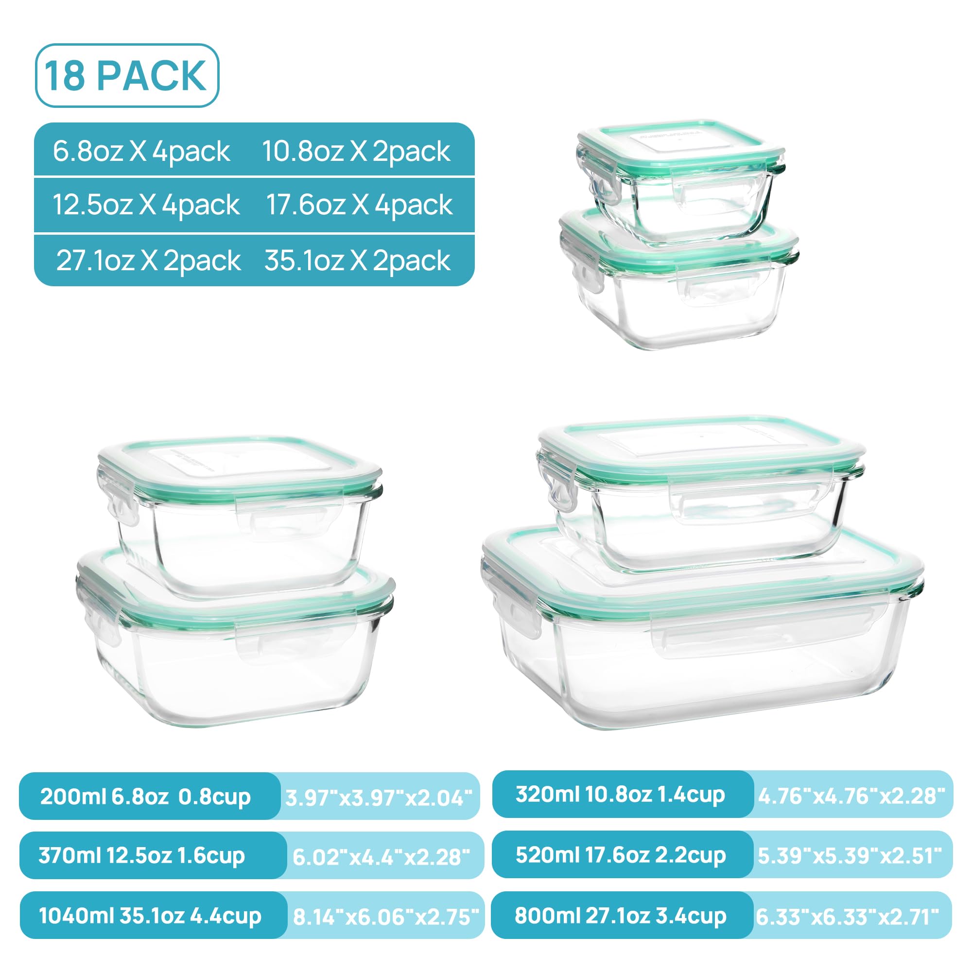 Vtopmart 18 Pack Glass Food Storage Containers with Lids -Stackable Design for Kitchen Utensils Oven Microwave Freezer Dishwasher Kitchenware Square Fridge Organizers Insulated Lunch Compartment Grey Rectangle