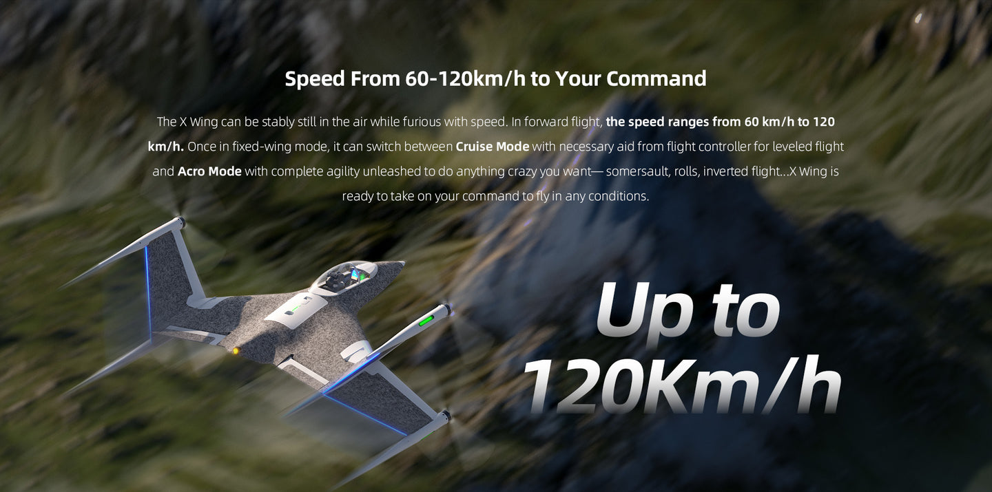 Speed from 60 to 120 km/h to your command - cruise mode for levelled flight, acro mode for aerobatics including somersaults, rolls, and inverted flight