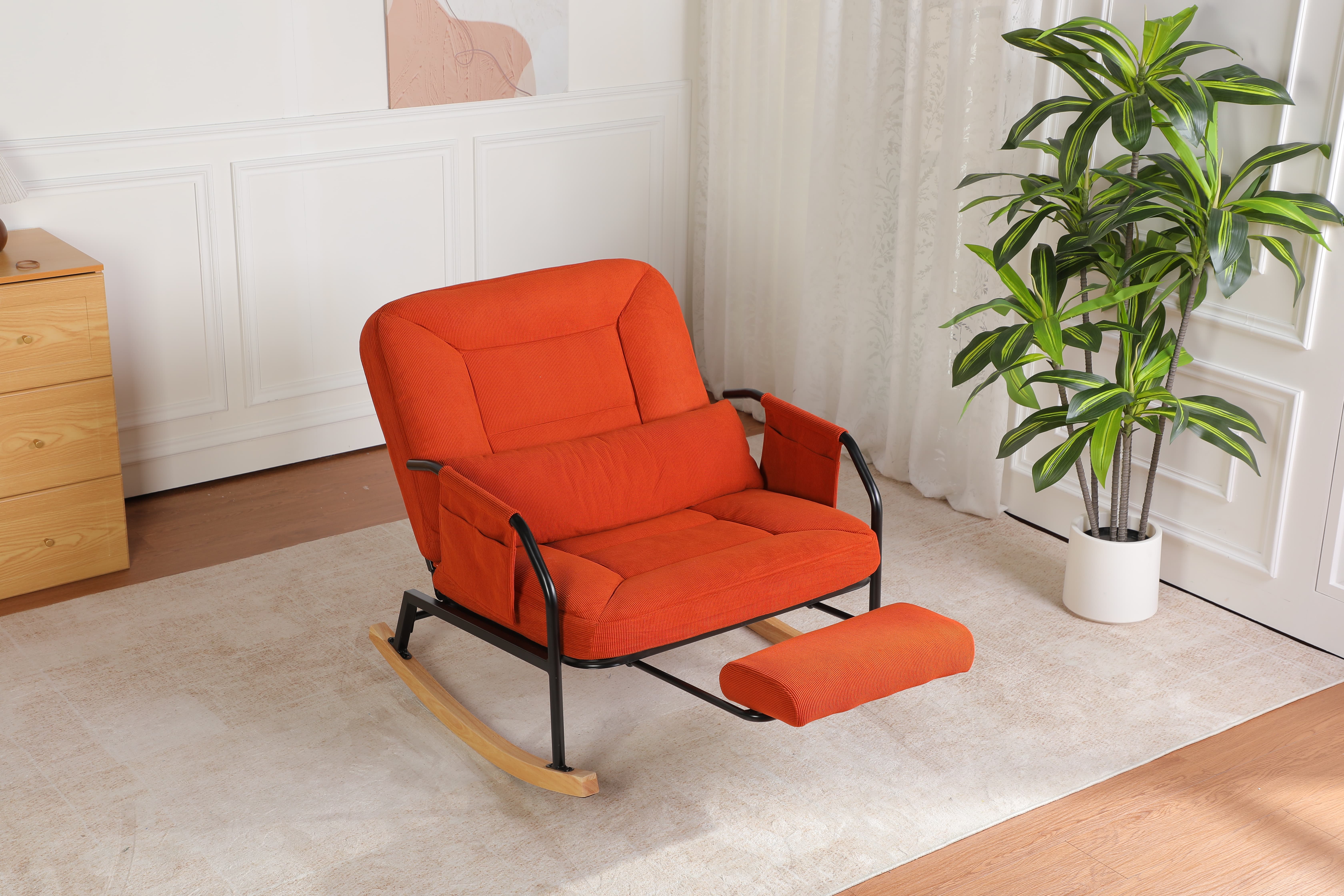 [Summervibes] Roomy Nursery Rocking Chair with Corduroy Fabric, Spacious Mom's Nursing Rocking Armchair, Modern Comfortable Angle-Adjustable High-Back Rocker with Side Pocket and Footrest, Suitable for Living Room, Bedroom, Nursery