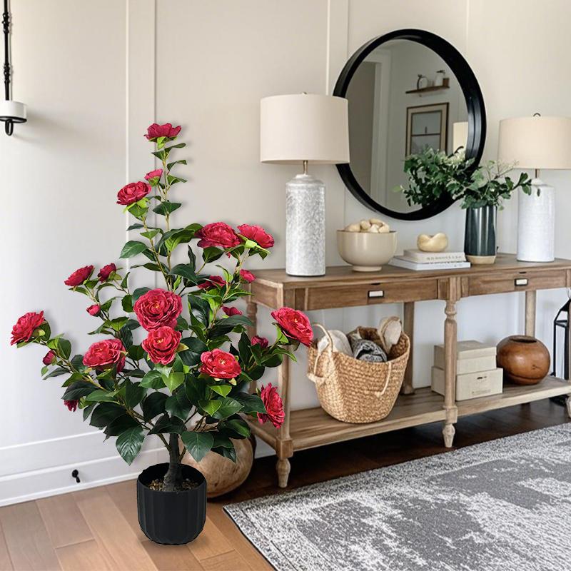 2 Pcs 3-foot Camellia Tree with Decorative Pebbles, Flower Pot, 24 Realistic Flowers, 188 Leaves for Indoor, outdoor courtyard Home Decor summerwins