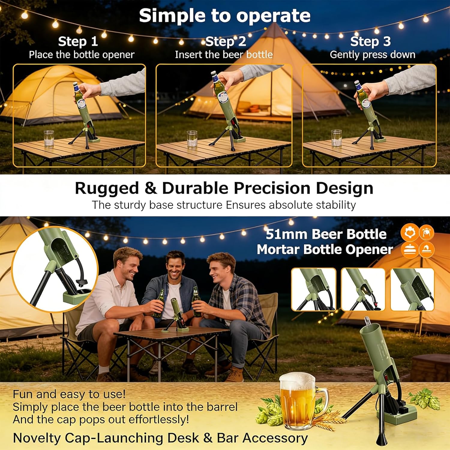 Beer Bottle Mortar Bottle Opener, 51mm Mortar Beer Bottle Opener Heavy-Duty Tactical Cap Launcher Hands-Free Push Down Opener Men's Exclusive Space for Home Bar Desk Decor