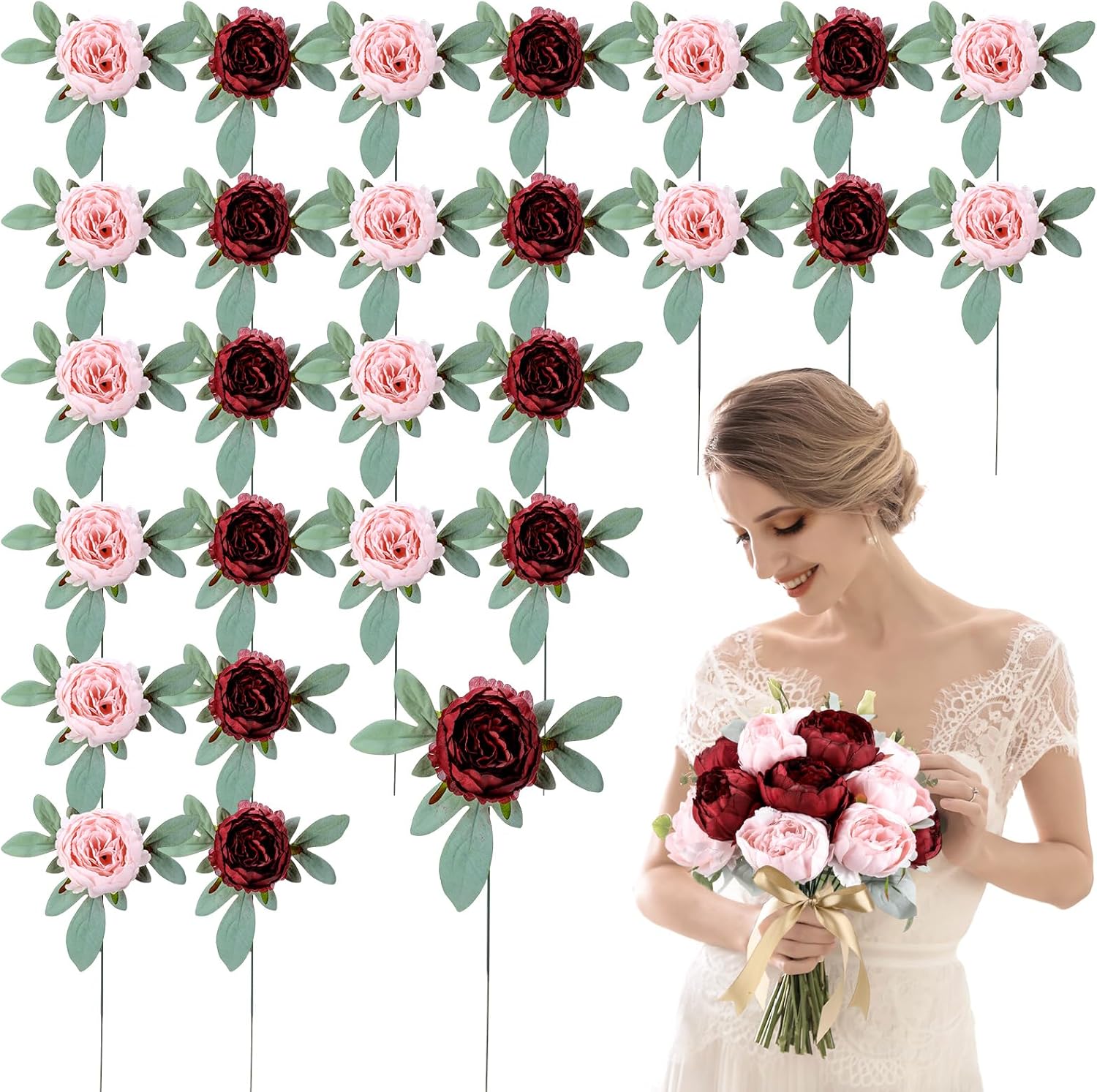 Zeyune 50Pcs Wedding Artificial Peonies 4Inch Fake Silk Peony Faux Peonies Artificial Valentine Flowers Bulk Rose Flowers Heads for Valentine Decoration Vintage Wedding Home Office (Hot Pink and Pink)