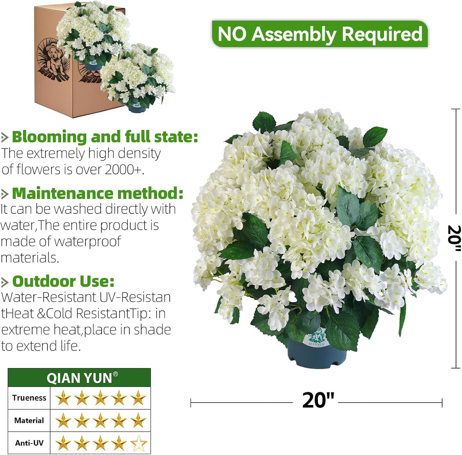 20'' Artificial Hydrangea Bush – UV-Resistant Faux Plant for Garden, Patio, Porch & Indoor Decor