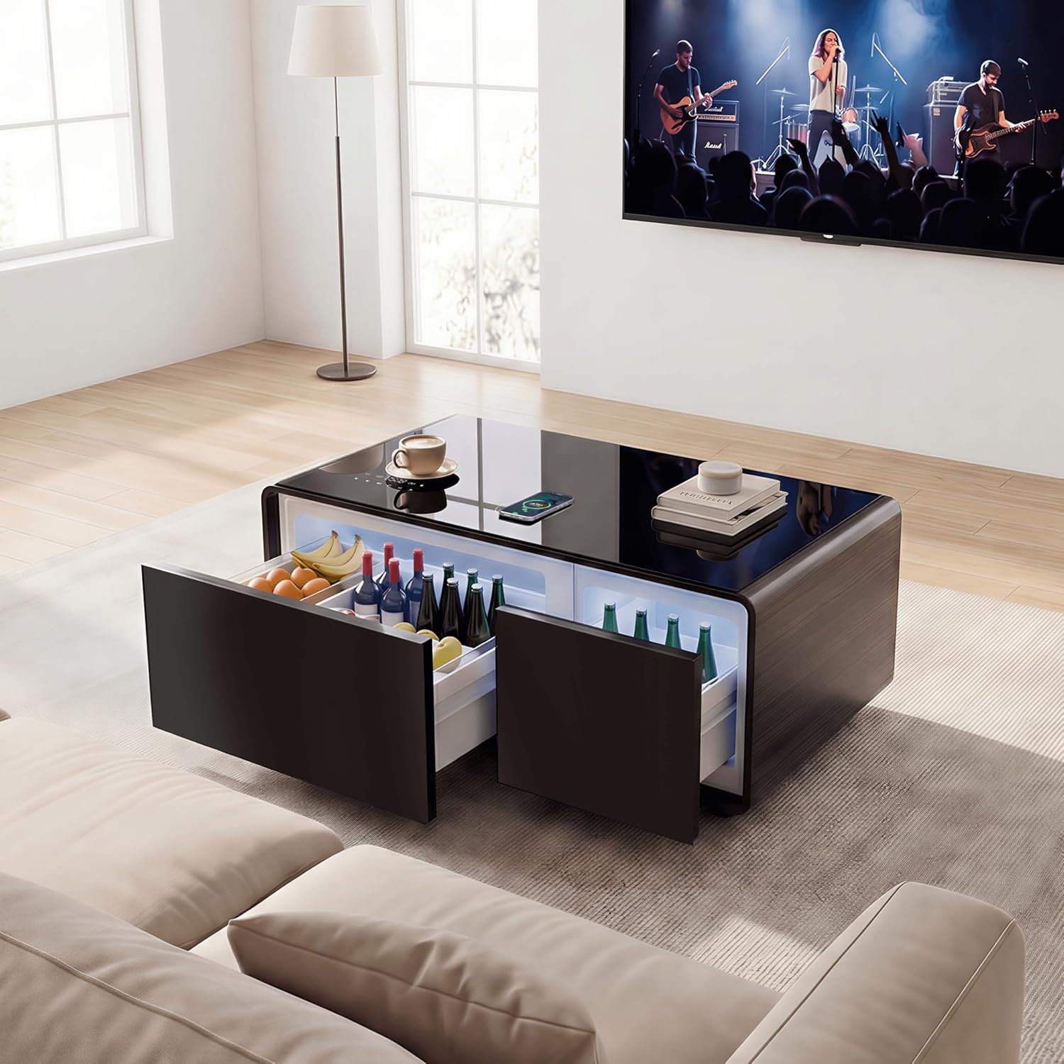 Smart Coffee Table, Living Room Table with Built in Fridge, 23" D x 41.5" W x 18.2" H, 15W Wireless Charging, USB Chargers and Speakers