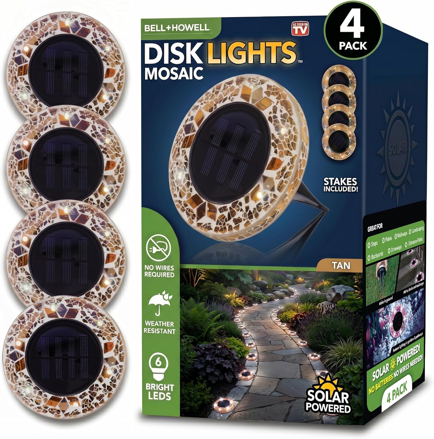 4 Pk Solar Lights Outdoor LED Disk Pathway Lights for Landscape, Yard, Driveway, Patio, Walkway Path, Dusk to Dawn Sensors