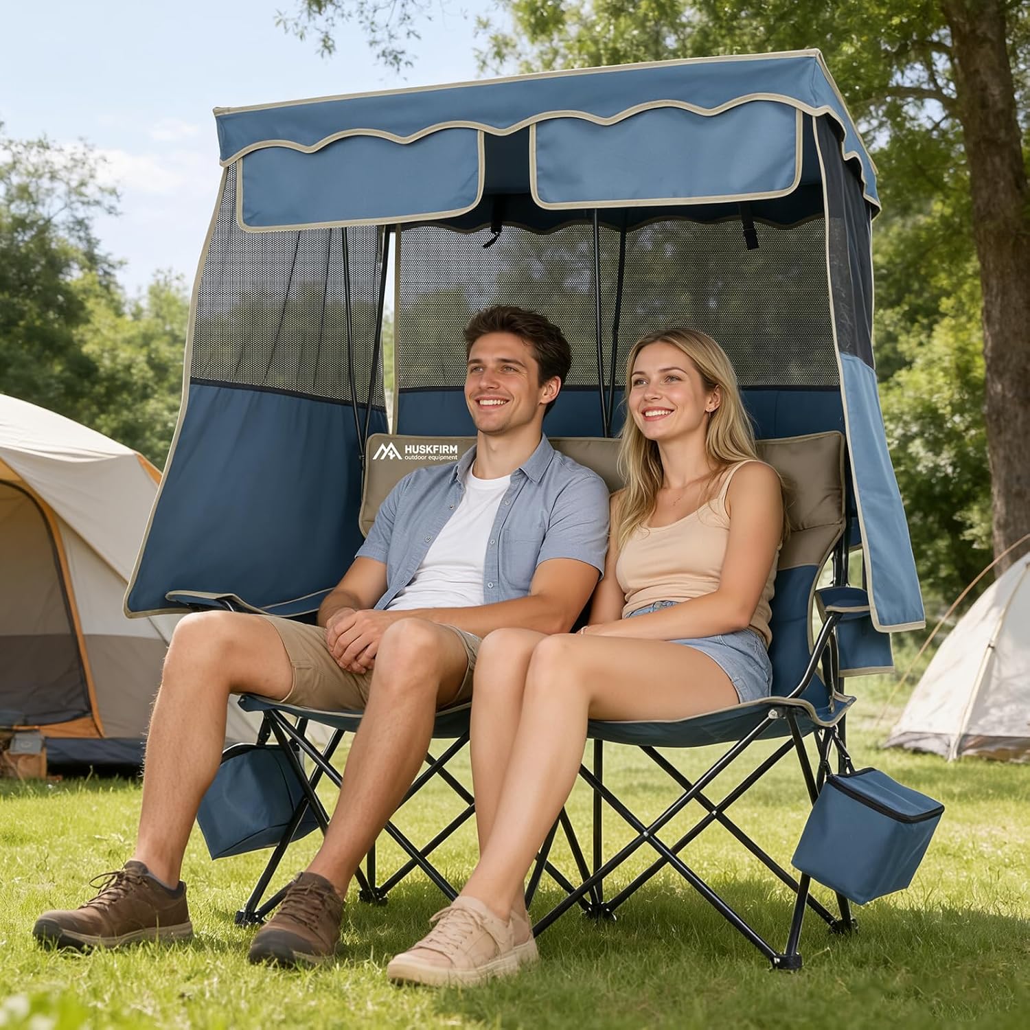 Double Beach Chair With Canopy Shade Camping Chair With Canopy Oversized Double Camping Chair With Canopy Folding Loveseat Chair With Two Cup Holders and Cooler Bag For Camping,Beach, Fishing