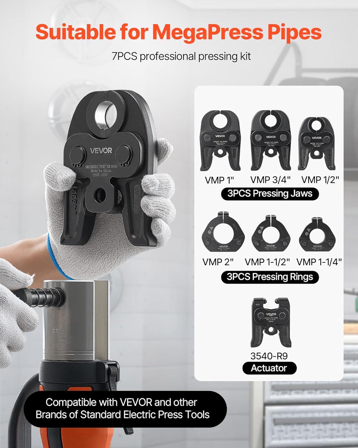 7PCS Pressing Kit 1/2" to 2" - 3PCS Press Jaws, 3PCS Press Rings, 1PCS Actuator for  Carbon Steel Pipes, Compatible with Standard Press Tools - with Case