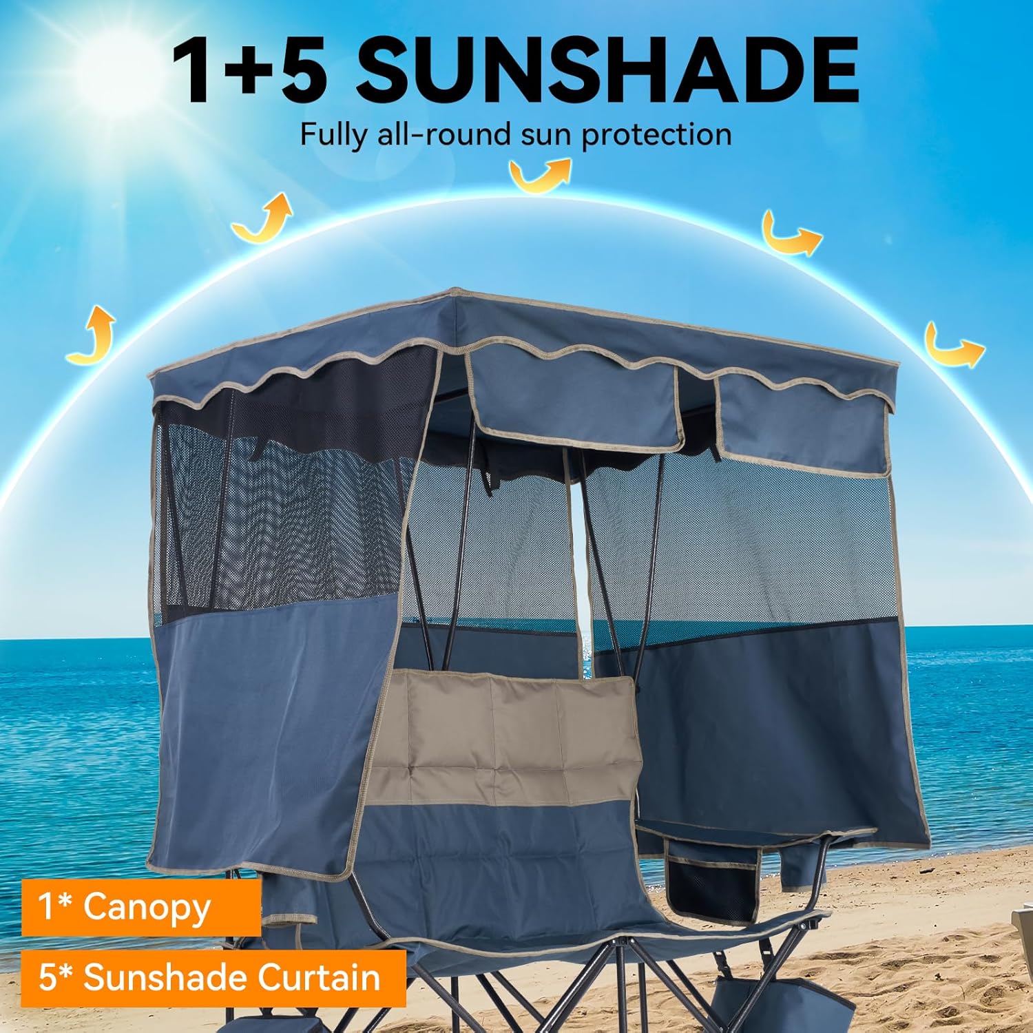 Double Beach Chair With Canopy Shade Camping Chair With Canopy Oversized Double Camping Chair With Canopy Folding Loveseat Chair With Two Cup Holders and Cooler Bag For Camping,Beach, Fishing