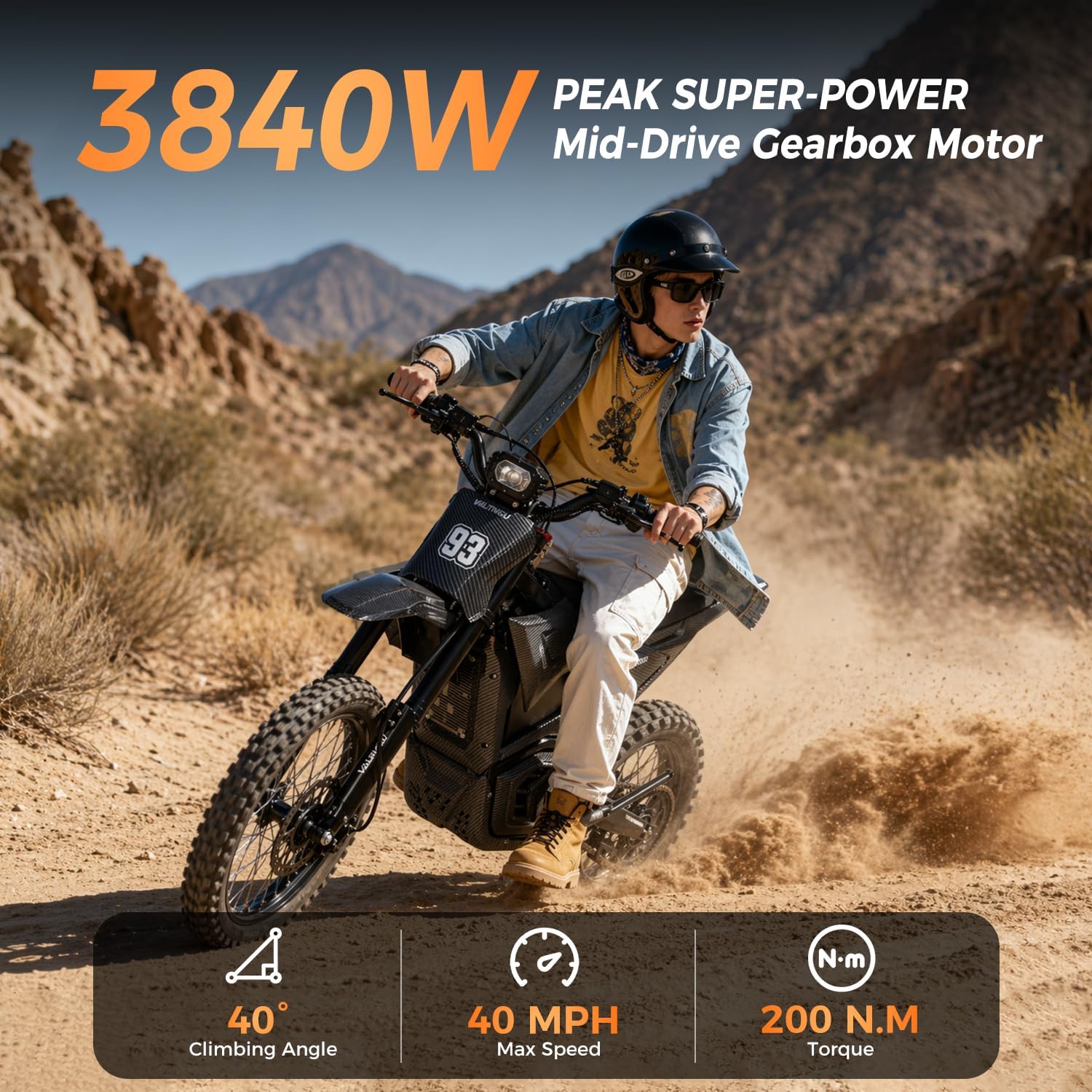 Electric Dirt Bike for Adults Teens, 3840W Peak Electric Motorcycle 40MPH 53Miles Long Range, 48V 23.4Ah Battery Ebike,Hydraulic Brakes Mountain Off-Road Fit Age 12+