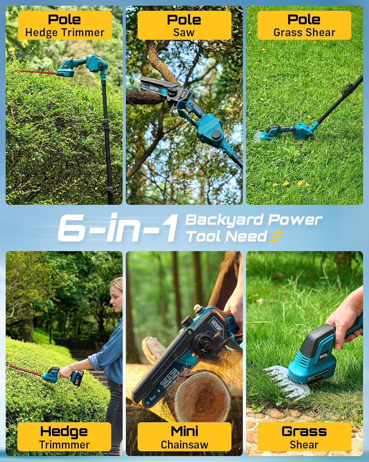6-in-1 Cordless Pole Saw & Hedge Trimmer Combo, Electric Mini Chainsaw with 2×4.0 Ah Batteries, Extendable Tree Pruner, Bush Trimmer Limb Branch Cutter, Grass Shears, 15Ft Long Reach