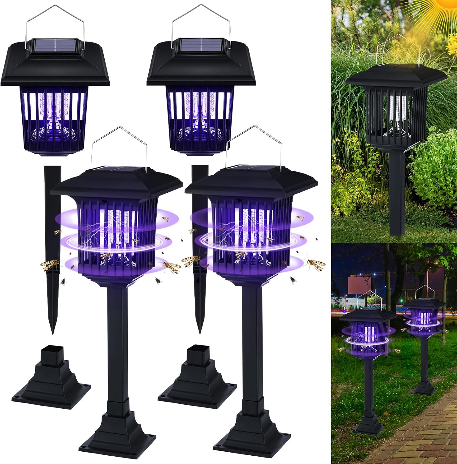 4 Pack Solar Bug Zapper Outdoor UV Mosquito Killer Black Fly Repellent Light Waterproof Pest Control Insect Fly Trap LED Insecticidal Lamp Hang or Stake in The Ground for Indoor Home Garden