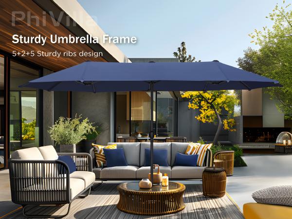 [SummerVibes] PHI VILLA 15 FT Large Outdoor Double-Sided Rectangle Umbrella with LED Lights & Crank Handle, Waterproof, Day & Night Use