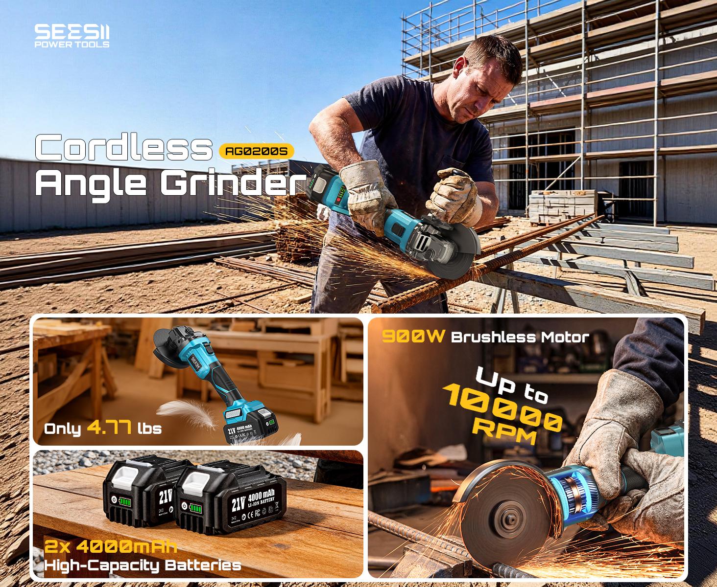 SEESII Cordless Angle Grinder Kit with 2x4.0Ah Batteries, 10000RPM Brushless Electric Metal Grinder w/ 4-1/2" Cutting Wheel, Flap Wheel, and Wool Carving Wheel for Precision Cutting & Grinding#SummerVibes