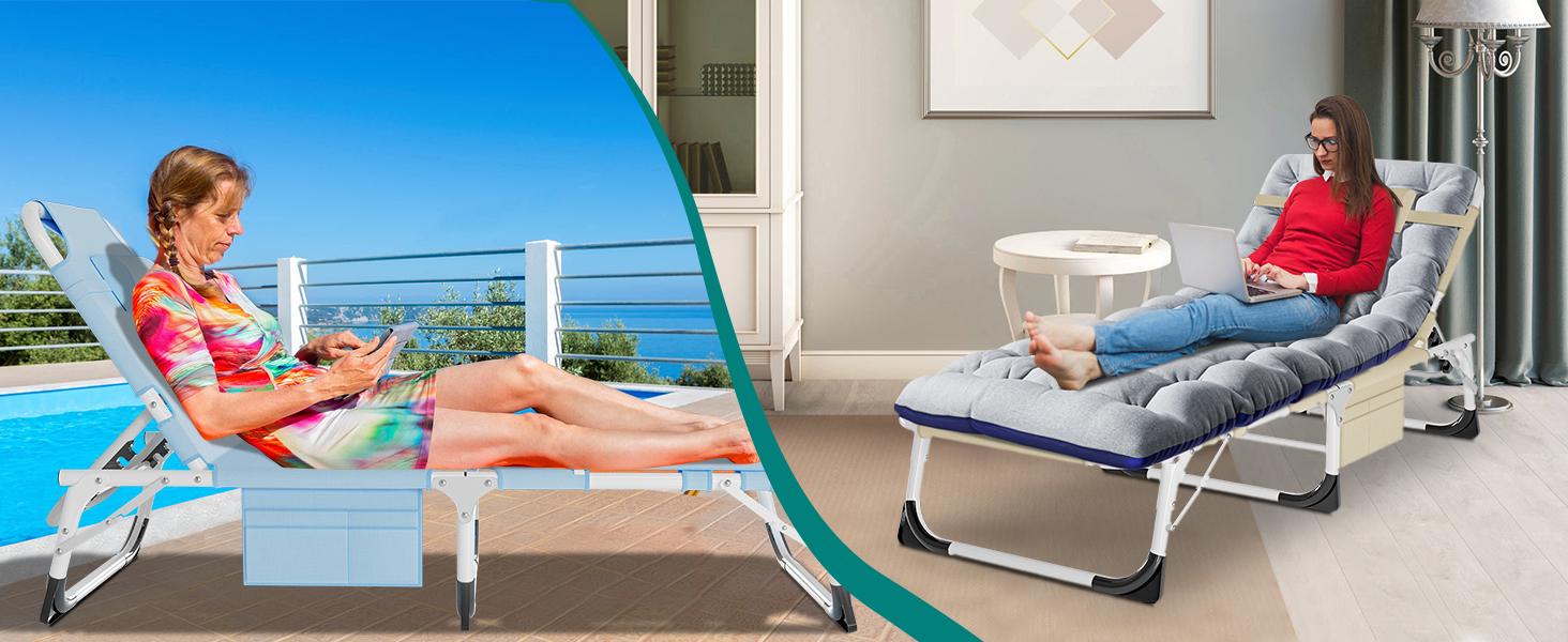 DoCred Sun Tanning Chair with Mat, 3N1 Deluxe Heavy Duty 5-Position Adjustable Beach Chair, Oversized Folding Chaise Poolside Lounge Chair for Indoor, Outdoor Sunbathing, Lawn, Patio, Camping, Beach,summerwins