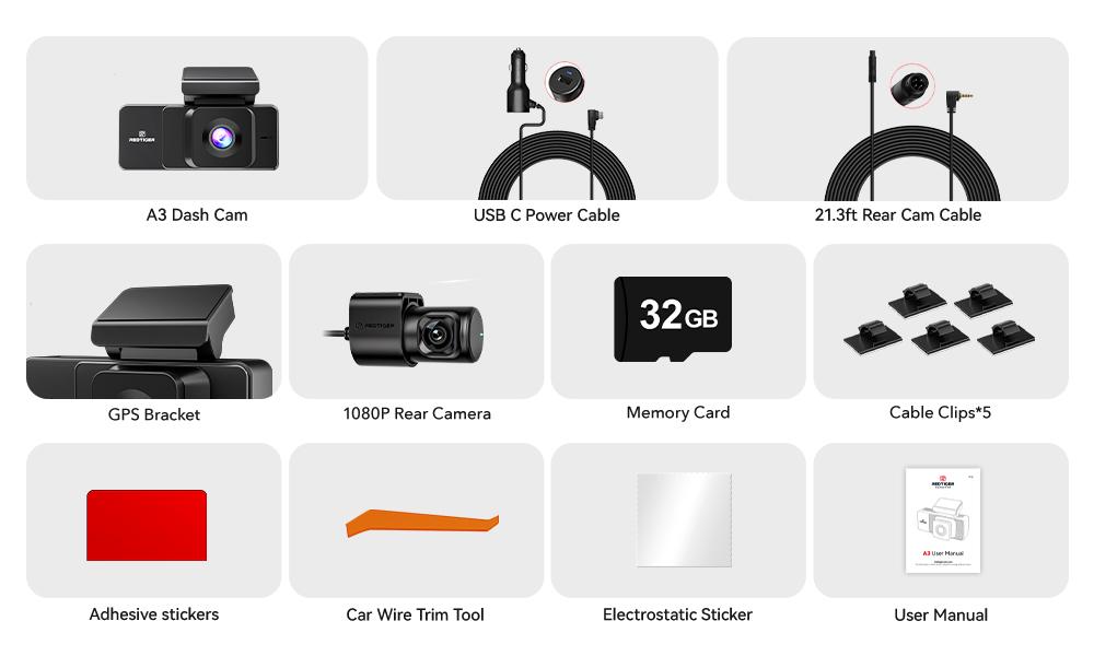 【FathersDayGift】REDTIGER A3 3 Channel WiFi Dash Cam Front and Rear Inside with 32G SD Card( No SD Card Option In A Better Deal ), 2.5K+1080P+1080P Car Dash Camera for CarsFront and Rear, G-Sensor, 24H Parking Mode, Car rvibe, Car VLOG