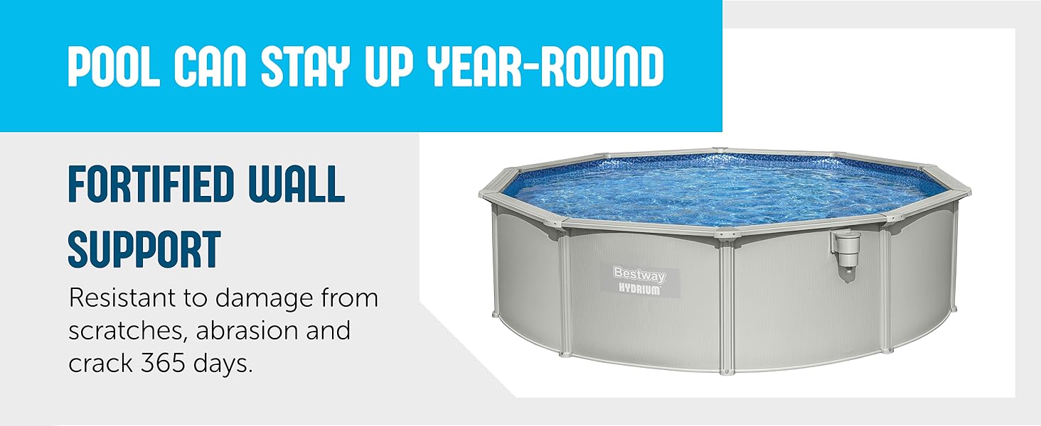 An above-ground round pool is filled with water, showing its robust steel wall construction.
