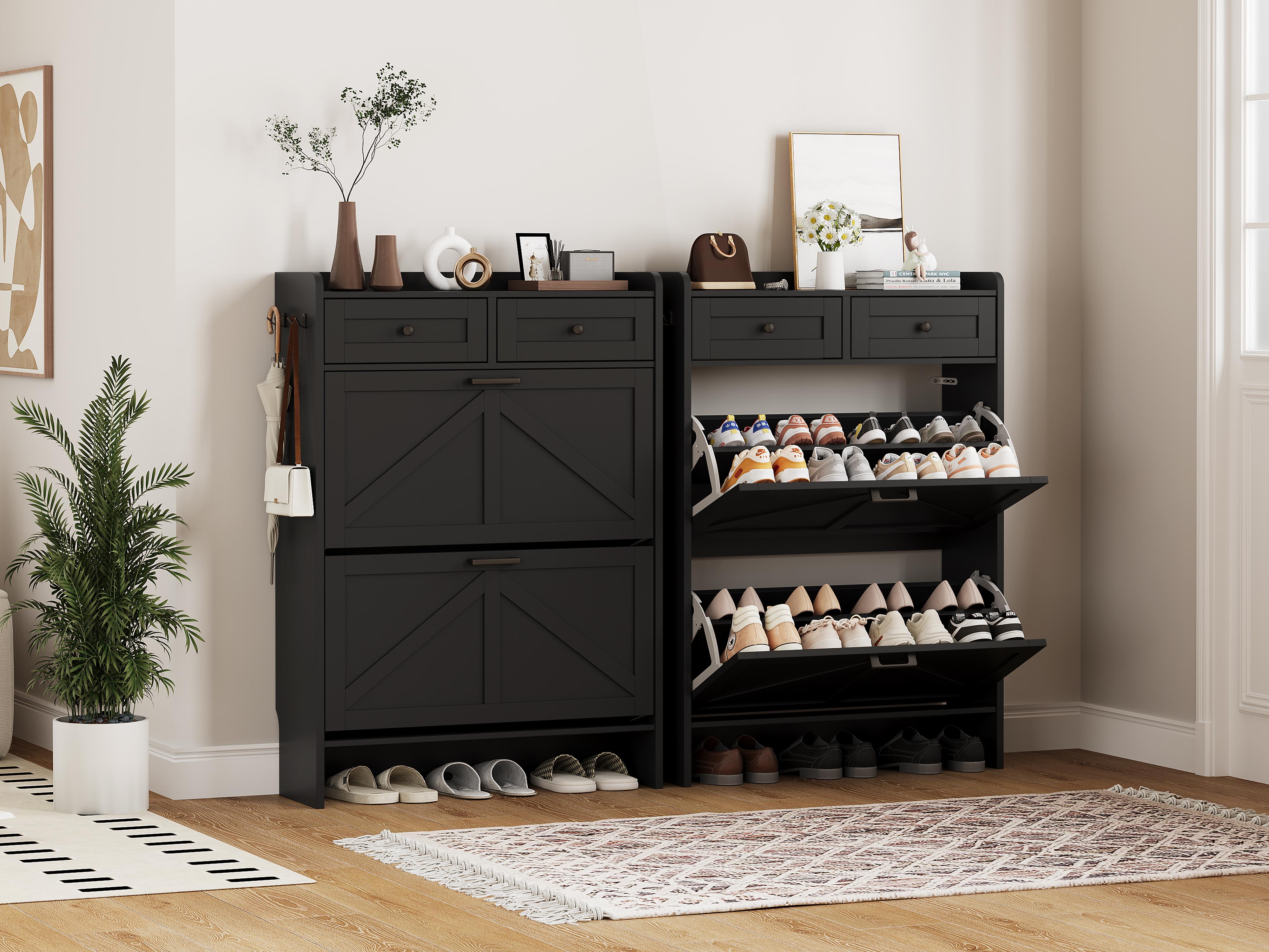 Shoe Storage Cabinet for Entryway, Farmhouse Wide Shoe Cabinet with 4 Flip Drawers and 2 Top Drawers, Freestanding Organizer with Adjustable Shelves, Hooks, and Anti-Tip Kit for Hallway