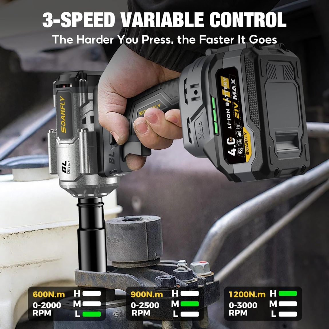 Upgraded Cordless Impact Wrench 1/2", 900 Ft-lbs (1200 Nm) Brushless Impact Gun, 21V High Torque Impact Driver with 2x 4.0Ah Batterie