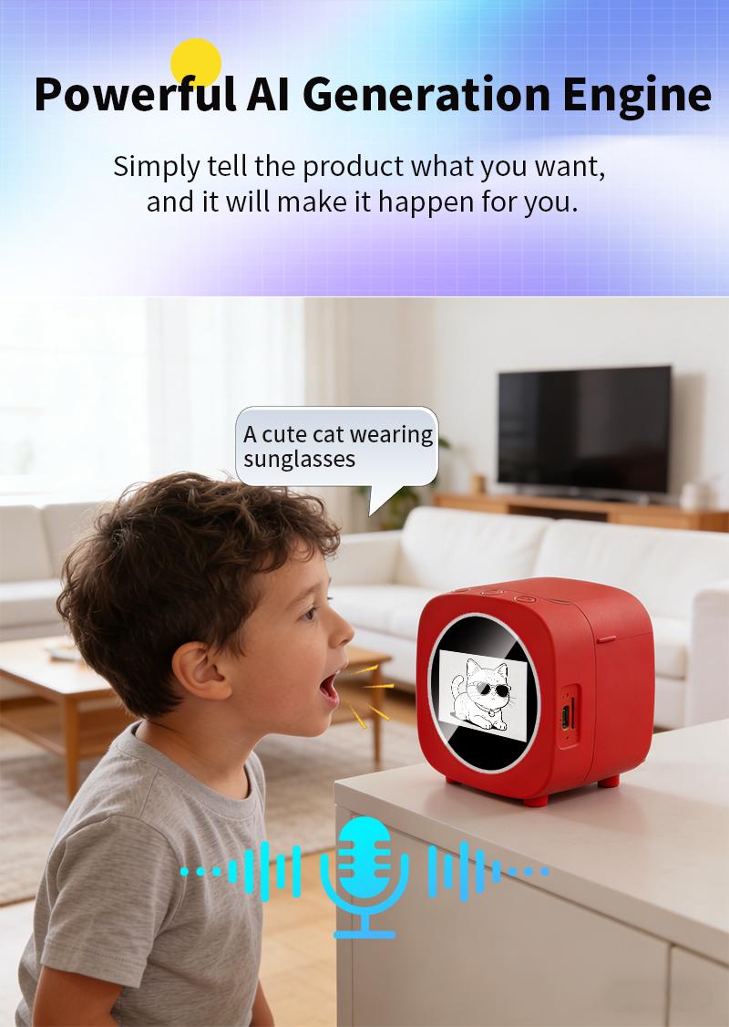 2026 New Product Smart AI Voice Sticker Printer Box, Magic Thermal Sticker Maker with Display, Inkless Portable Sticker Box for Home, Office, Study & DIY Projects, 5 Rolls Paper Included