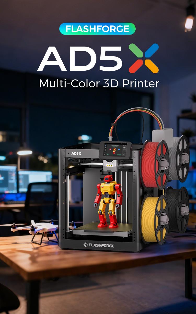 Flashforge AD5X 3D Printer - Multi-Color, High Speed 600mm/s, with Display Screen, 1 Count, Black