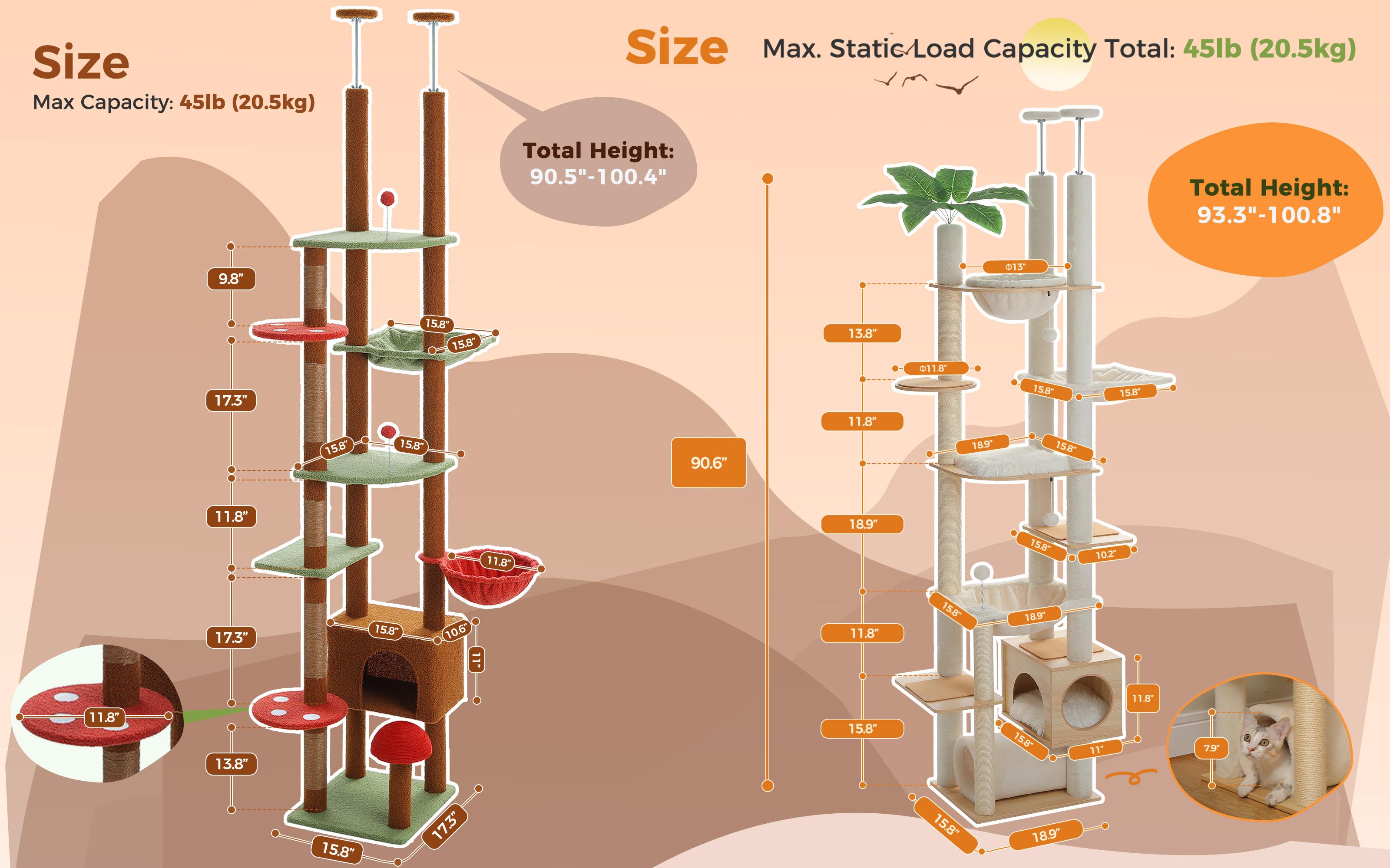 PAWZ Road Cactus Cat Tree Floor to Ceiling Cat Tower Adjustable Height (90.5~100.4 inches = 230cm~252cm) with Cat Condo, Cozy Hammock and Scratching Post, Tall Cat Activity Tree for Indoor Cats, Green#SummerVibes #petlovers