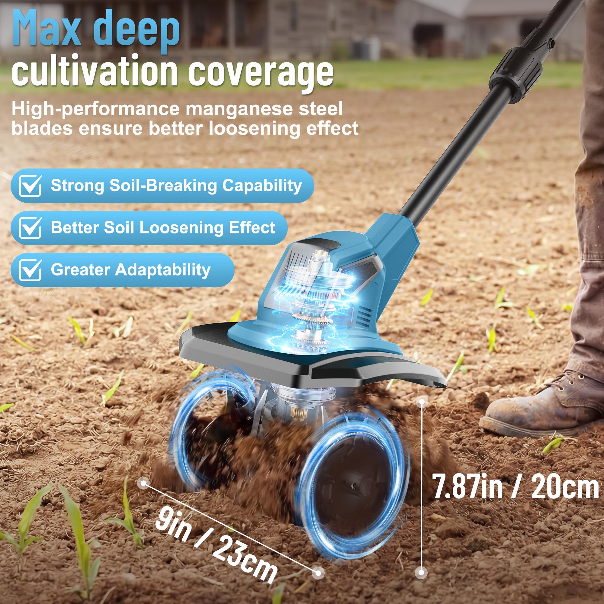 Cordless Cultivator & Tiller, 21V Electric Garden Tillers with 2&times;4000mAh Battery 120 Mins Runtime, 270 RPM Manganese Steel Blades, Lightweight 11.6 lbs, Ergonomic Design for Vegetable Plots Flowerbeds
