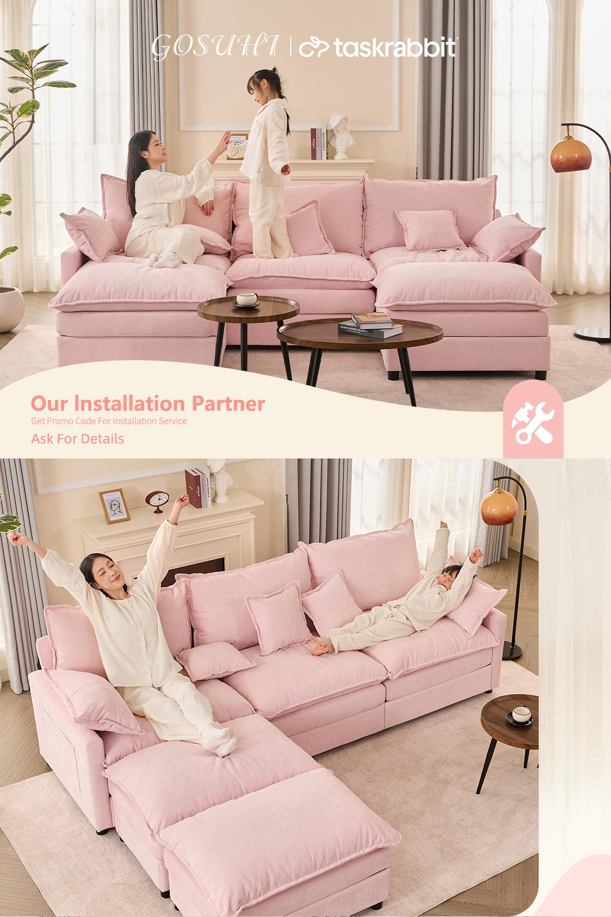 Summergarden【2 Packages Shipping】GOSUHI 108" U-Shaped Modular Sectional Sofa - Comfy Cloud 3-Seater with 2 Movable Ottoman, Cloud Sofa,Deep Seat Linen Couch for Living Room, Beige Color ,Comfort & Stylish Design,Chenille pink