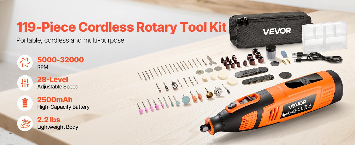 fathersdaygift  VEVOR 119-Piece Cordless Rotary Tool Kit, DC12V Portable Mini Power Rotary Tool, 28-Level Speed 5000-32000 RPM Multi-Purpose DIY Tools for Engraving, Sanding, Polishing, Carving, Cutting, DIY Crafts