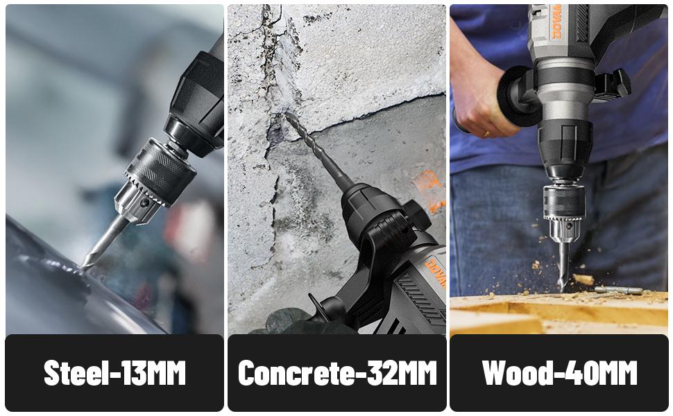DOVAMAN RH15A 1-9/16'' SDS-Plus Rotary Hammer Drill, 4 Functions in One Knob, Safety Clutch, 6 Speeds, 4350BPM / 900RPM, Fit for Concrete, Wood, Steel,#Summervibes