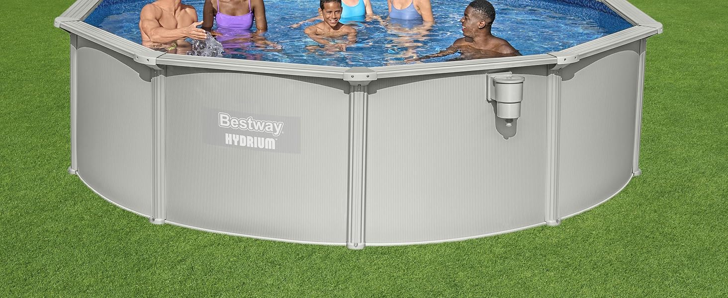A close-up view of the above-ground pool filled with water, with people inside having a good time.