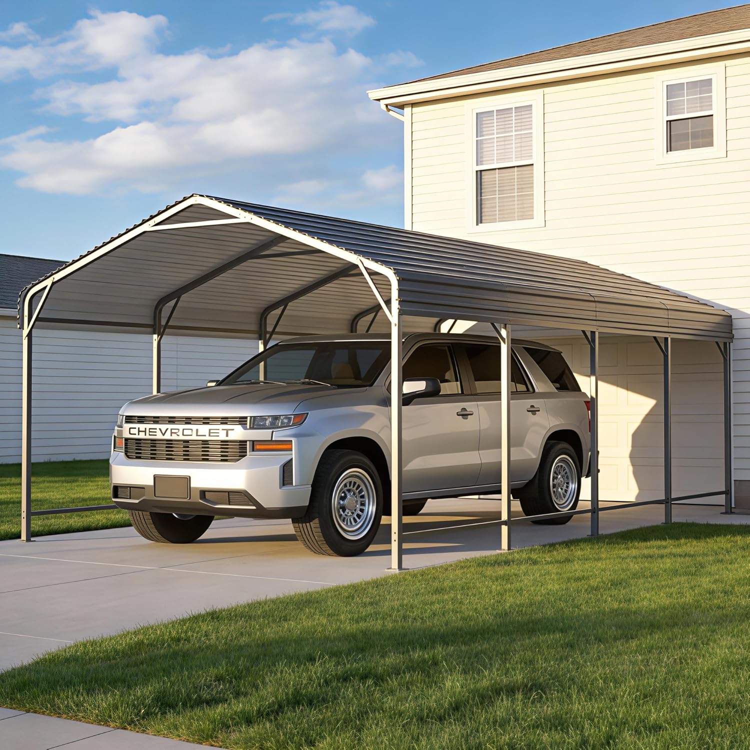 Heavy Duty Car Port Canopy with Reinforced Base and Galvanized Steel Roof & Frame, 2 Car Garage Shelter for Car, Boats and Trucks